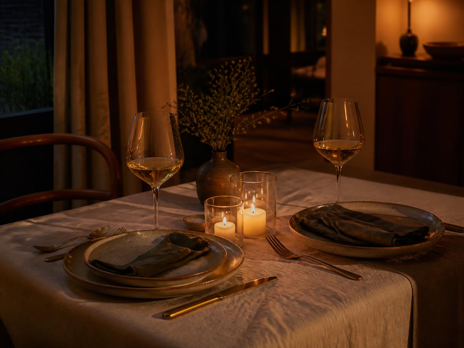 Candle-lit dinner table for two with linen, ceramics and low glass candles