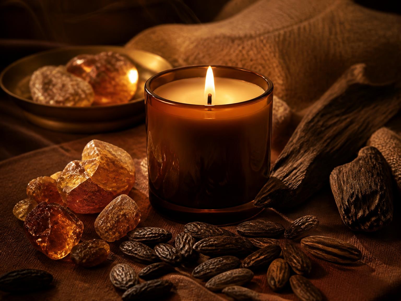 Amber glass candle burning beside raw amber resin, tonka beans and dark wood