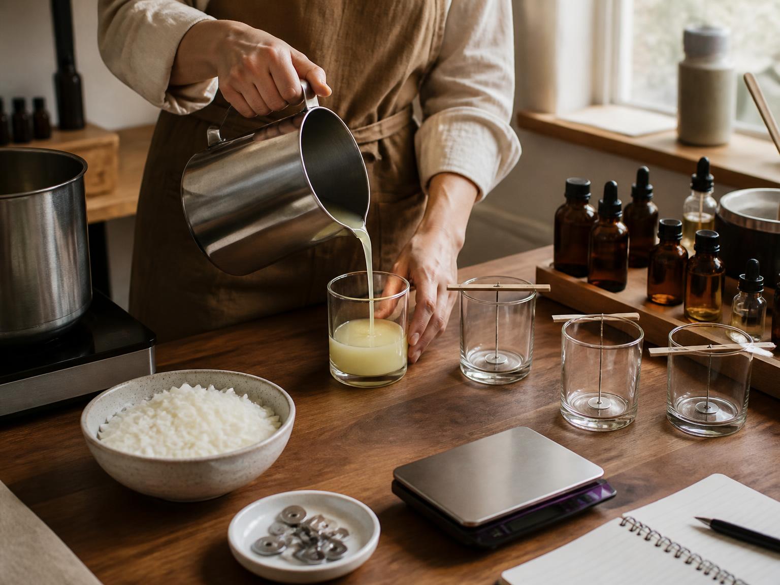 Hands pouring melted soy wax into glass vessels on a studio workbench with fragrance bottles