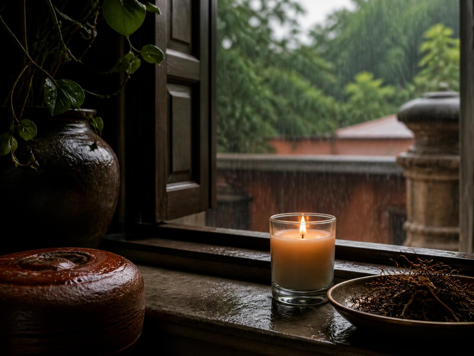 Rain falling past an open window beside a burning candle, wet terracotta and vetiver roots