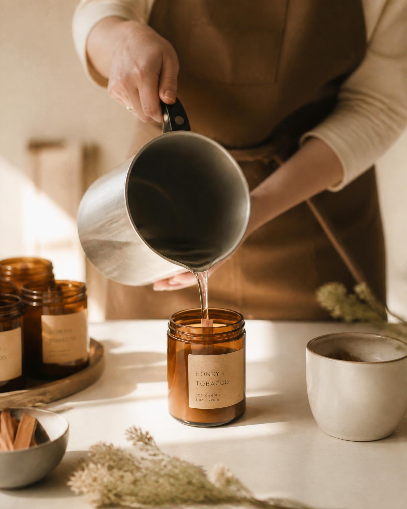 Molten soy wax being poured into an amber vessel